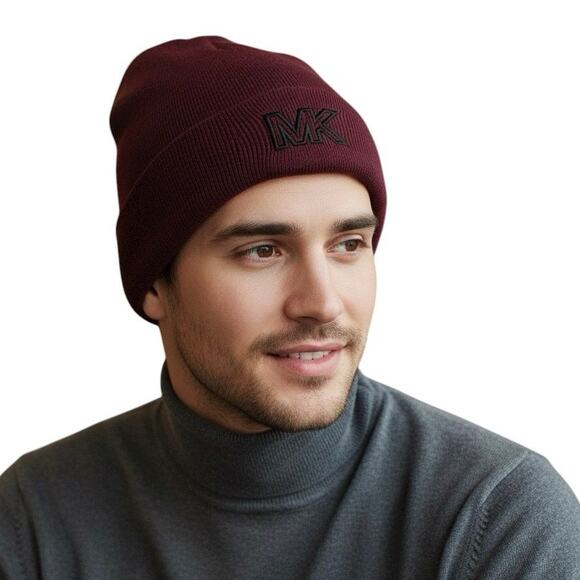 Michael Kors Knit Logo Beanie Mens OS Burgundy MK Patch Minimalist Winter - Picture 1 of 5